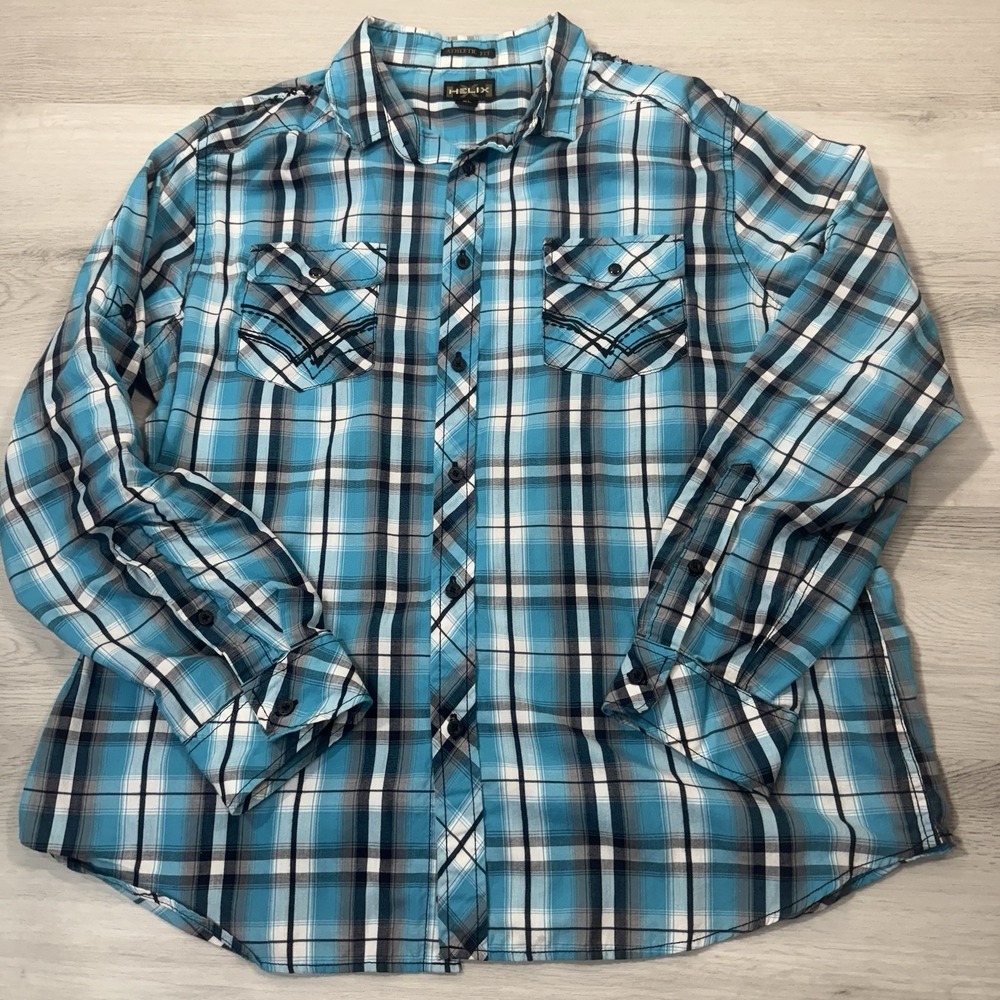 Helix Athletic Fit Plaid Button Up Shirt XL Teal Blue Y2K Skater Streetwear